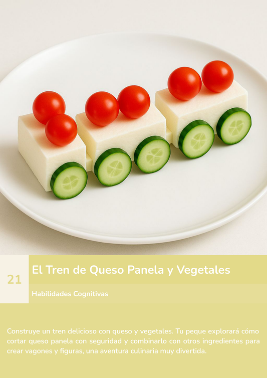 Torre de aprendizaje Montessori, actividad el tren de queso y vegetales.