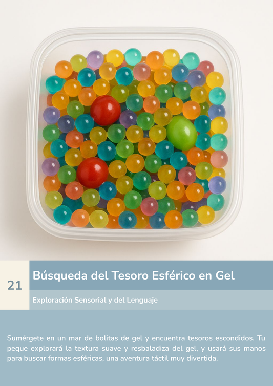 Torre de aprendizaje Montessori, actividad búsqueda del tesoro esférico en gel.
