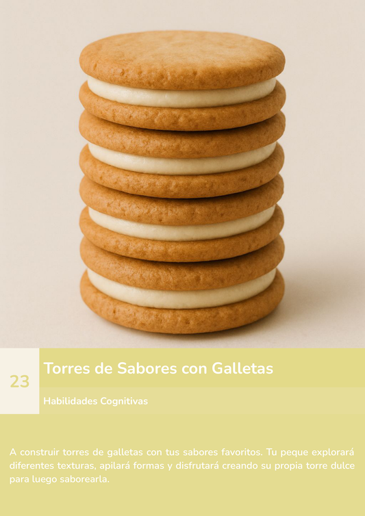 Torre de aprendizaje Montessori, actividad torres de sabores con galletas.