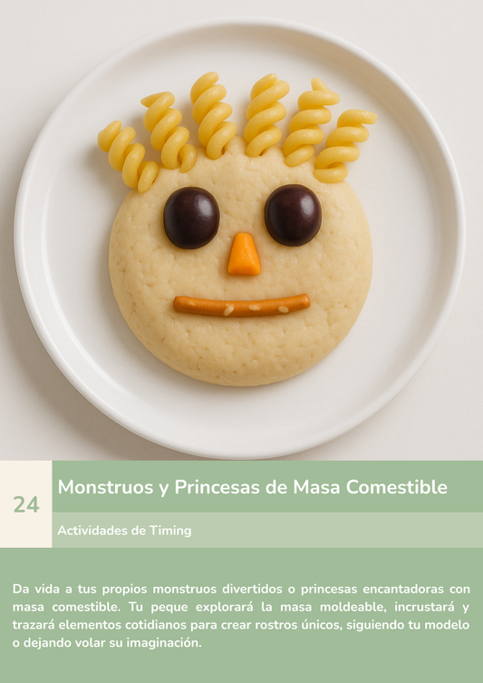 Galleta redonda decorada como rostro de monstruo, con pasta y aceitunas sobre plato blanco, actividad infantil creativa ZALU.