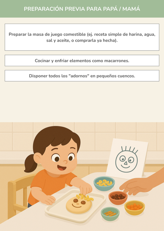 Ilustración de niña preparando una galleta sonriente sobre su torre de aprendizaje ZALU, con cuencos de ingredientes y ayuda de un adulto