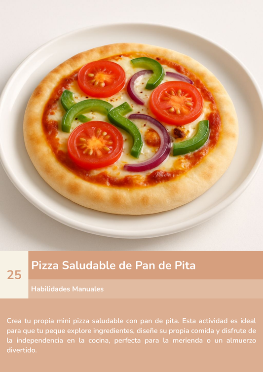 Torre de aprendizaje Montessori, actividad pizza saludable de pan de pita.