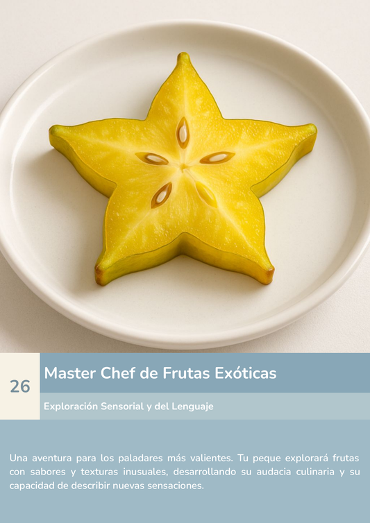 Torre de aprendizaje Montessori, actividad master chef de frutas exóticas.