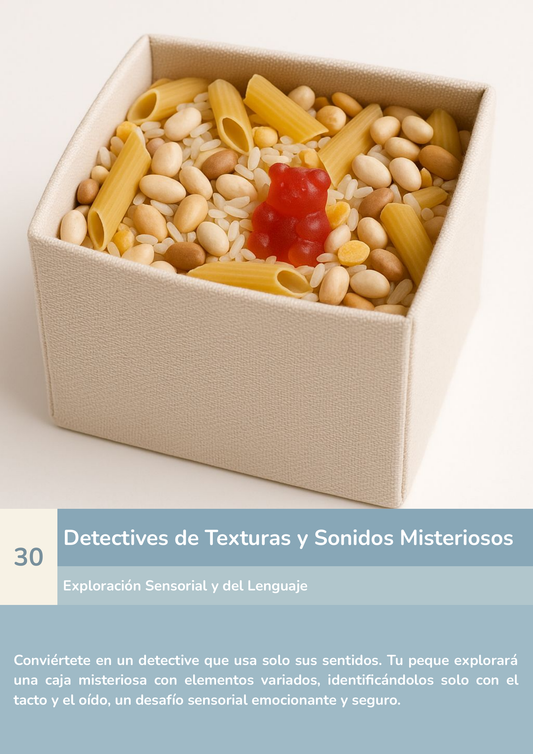 Torre de aprendizaje Montessori, actividad detectives de texturas y sonidos misteriosos.