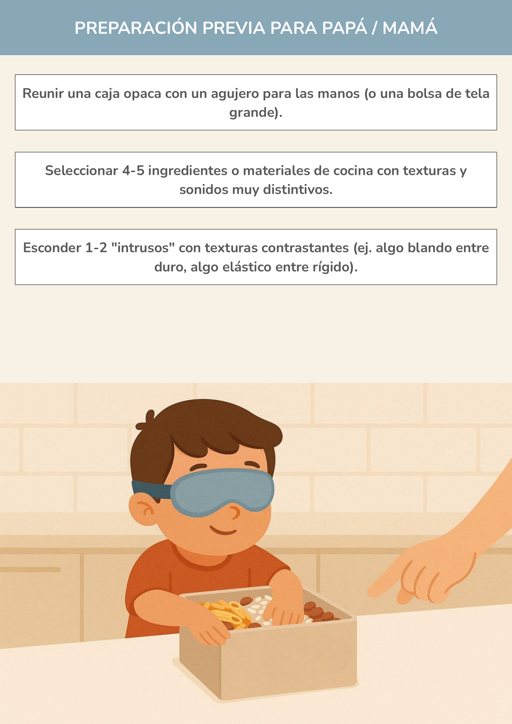 Niño usando torre de aprendizaje mientras realiza la actividad detectives de texturas y sonidos misteriosos en la cocina.