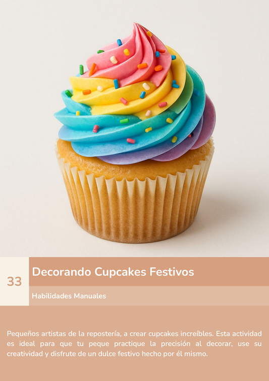 Torre de aprendizaje Montessori, actividad decorando cupcakes festivos.