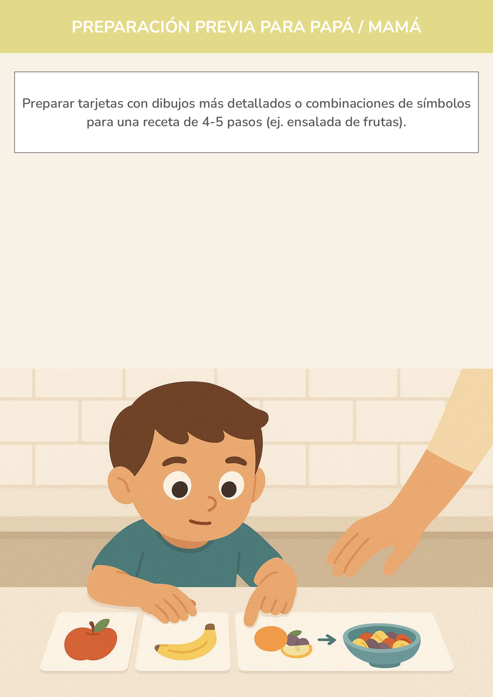 Niño usando torre de aprendizaje mientras realiza la actividad mi primer recetario de símbolos avanzado en la cocina.
