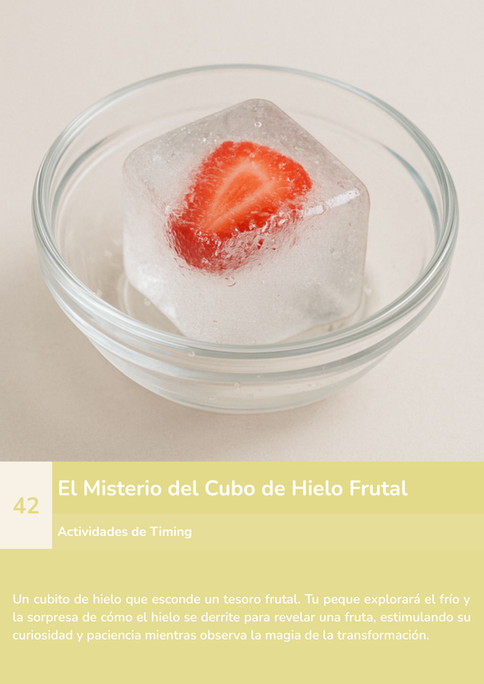 Torre de aprendizaje Montessori, actividad el misterio del cubo de hielo frutal.