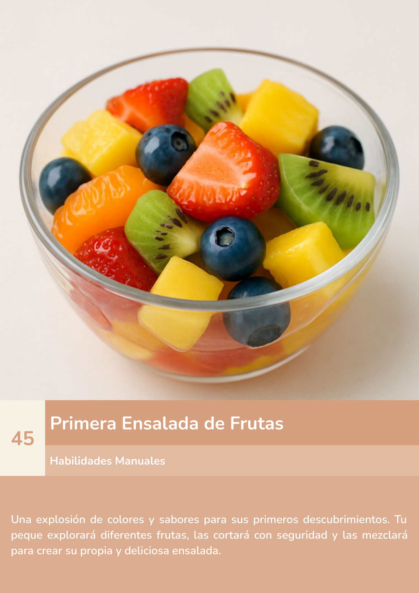 Torre de aprendizaje Montessori, actividad primera ensalada de frutas.