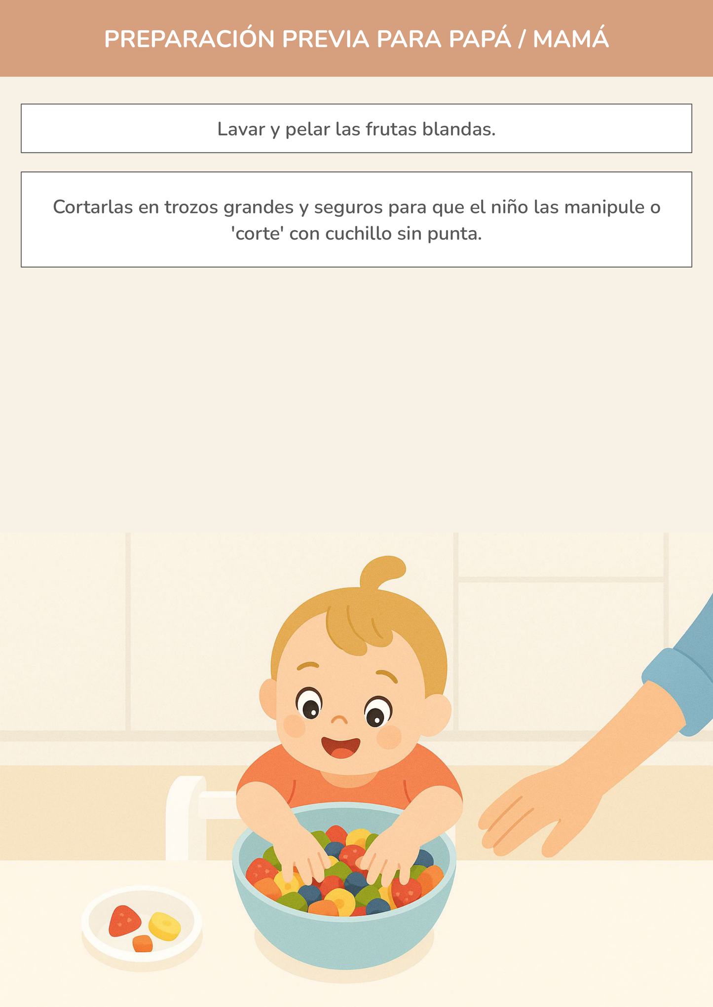 Niño usando torre de aprendizaje mientras realiza la actividad primera ensalada de frutas en la cocina.