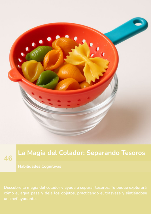 Torre de aprendizaje Montessori, actividad la magia del colador: separando tesoros.