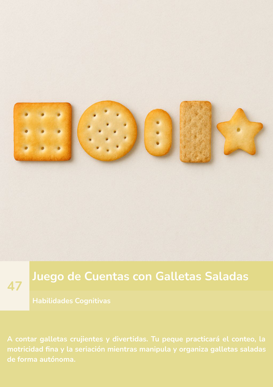 Torre de aprendizaje Montessori, actividad juego de cuentas con galletas saladas.