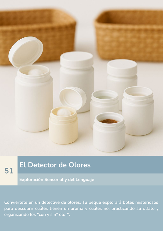 Torre de aprendizaje Montessori, actividad el detector de olores: ¿hay o no hay?.