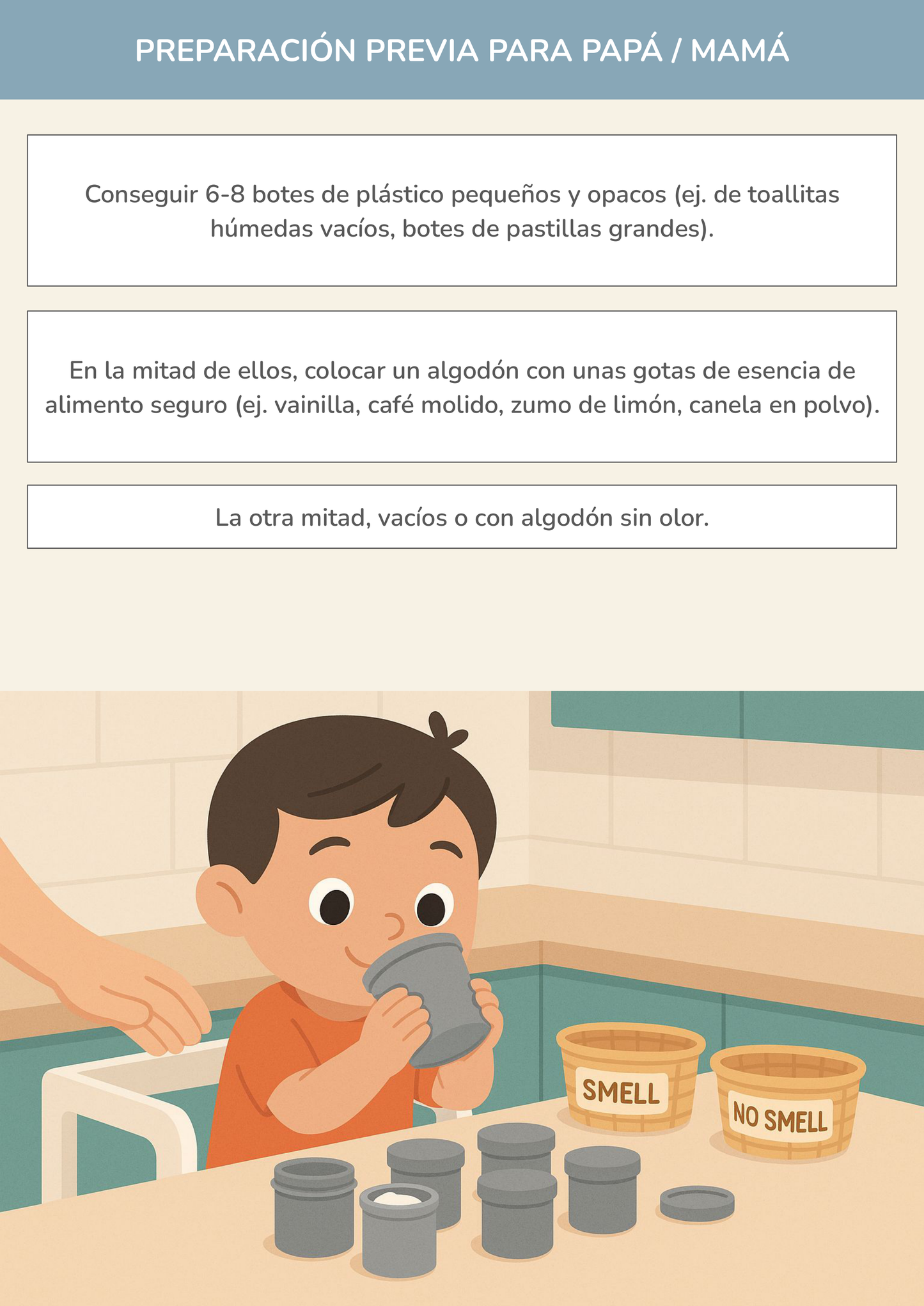 Niño usando torre de aprendizaje mientras realiza la actividad el detector de olores: ¿hay o no hay? en la cocina.