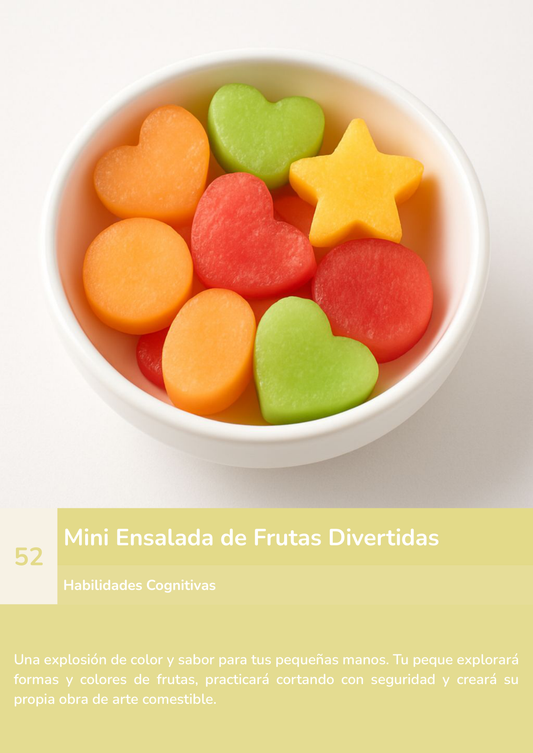 Torre de aprendizaje Montessori, actividad mini ensalada de frutas divertidas.