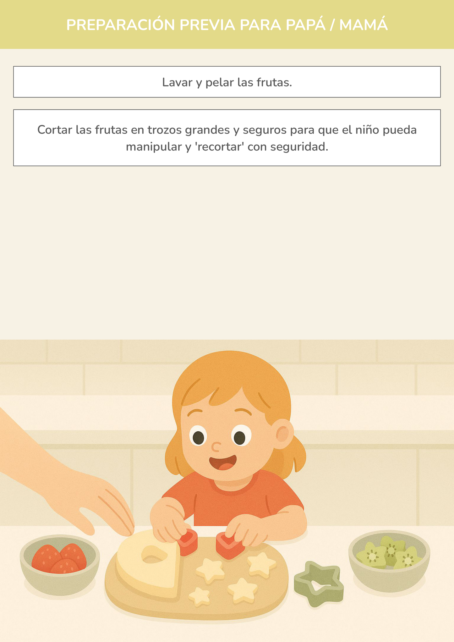Niño usando torre de aprendizaje mientras realiza la actividad mini ensalada de frutas divertidas en la cocina.