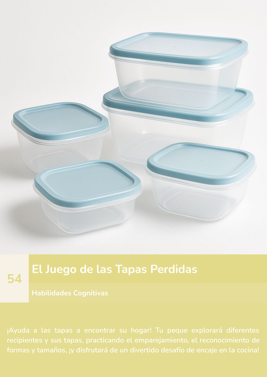 Torre de aprendizaje Montessori, actividad el juego de las tapas perdidas.