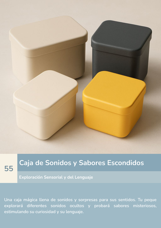 Torre de aprendizaje Montessori, actividad caja de sonidos y sabores escondidos.