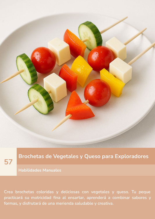 Torre de aprendizaje Montessori, actividad brochetas de vegetales y queso para exploradores.