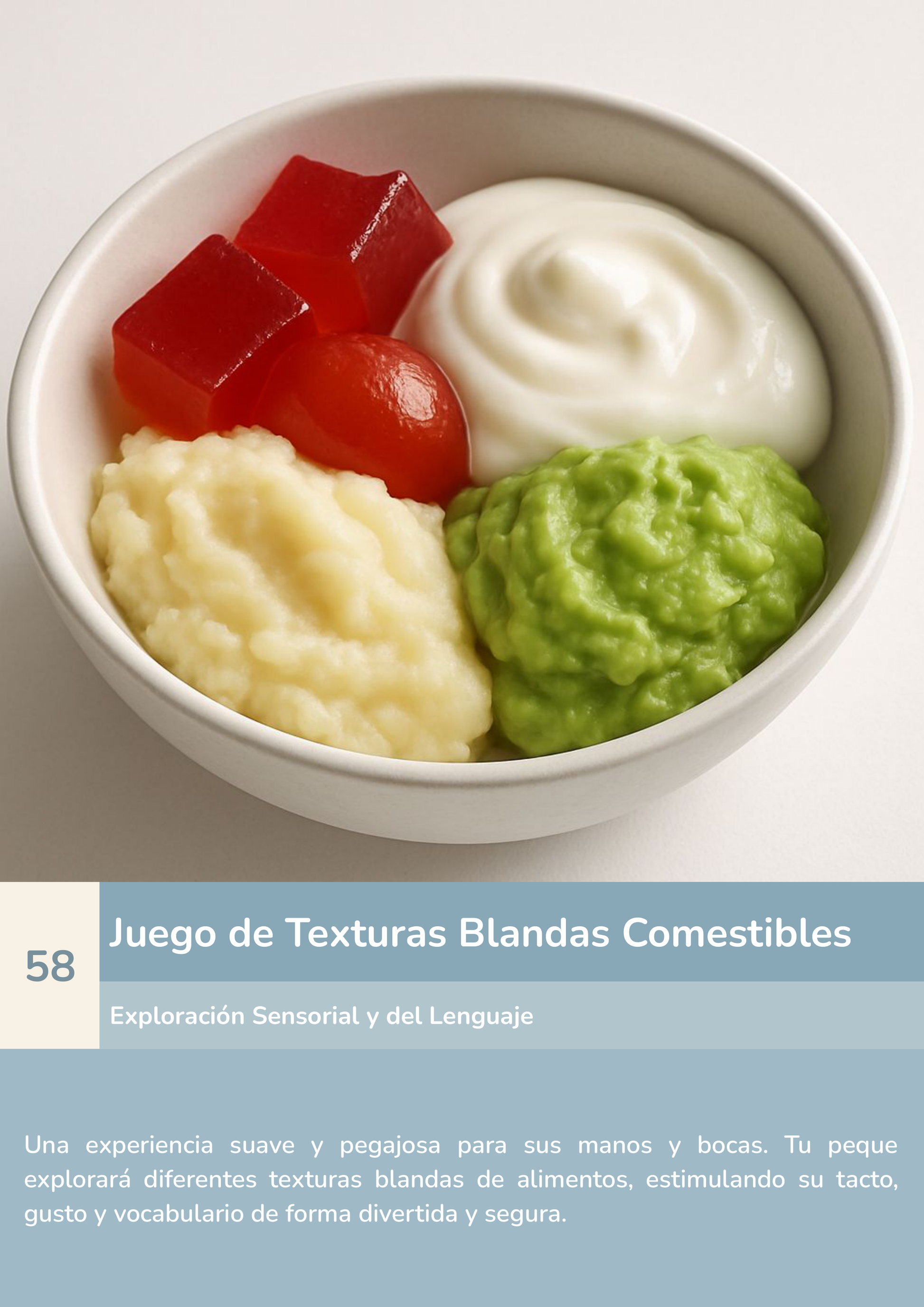 Torre de aprendizaje Montessori, actividad juego de texturas blandas comestibles.