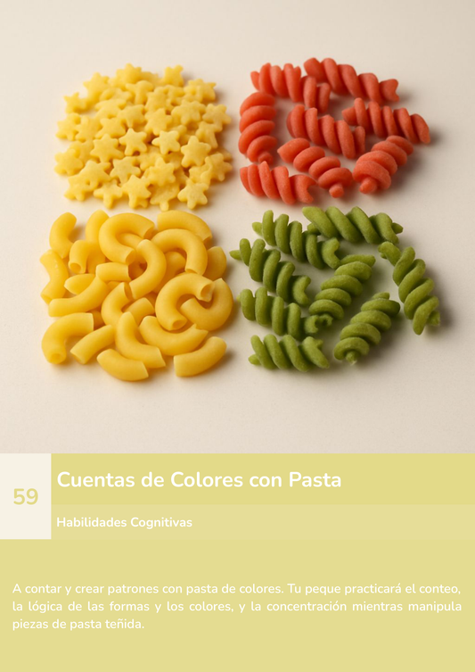 Torre de aprendizaje Montessori, actividad cuentas de colores con pasta.