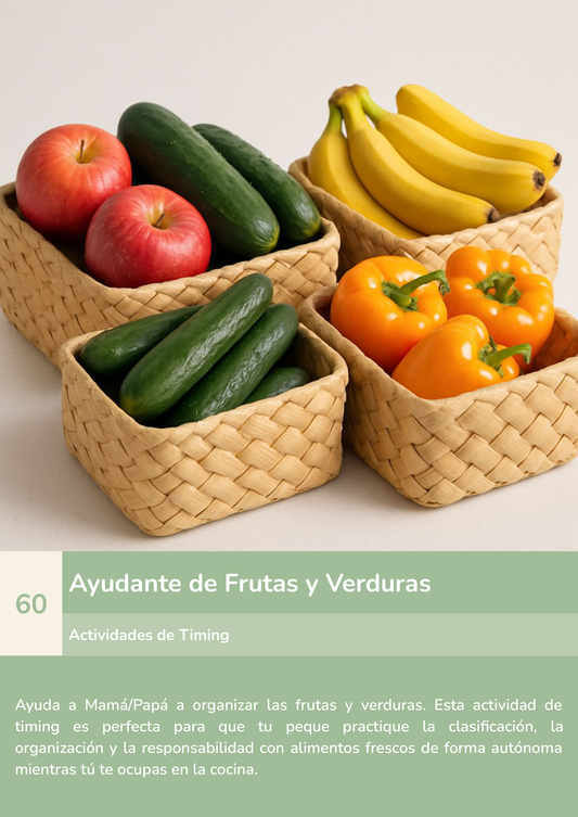 Torre de aprendizaje Montessori, actividad ayudante de frutas y verduras.