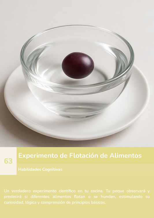Torre de aprendizaje Montessori, actividad experimento de flotación de alimentos.