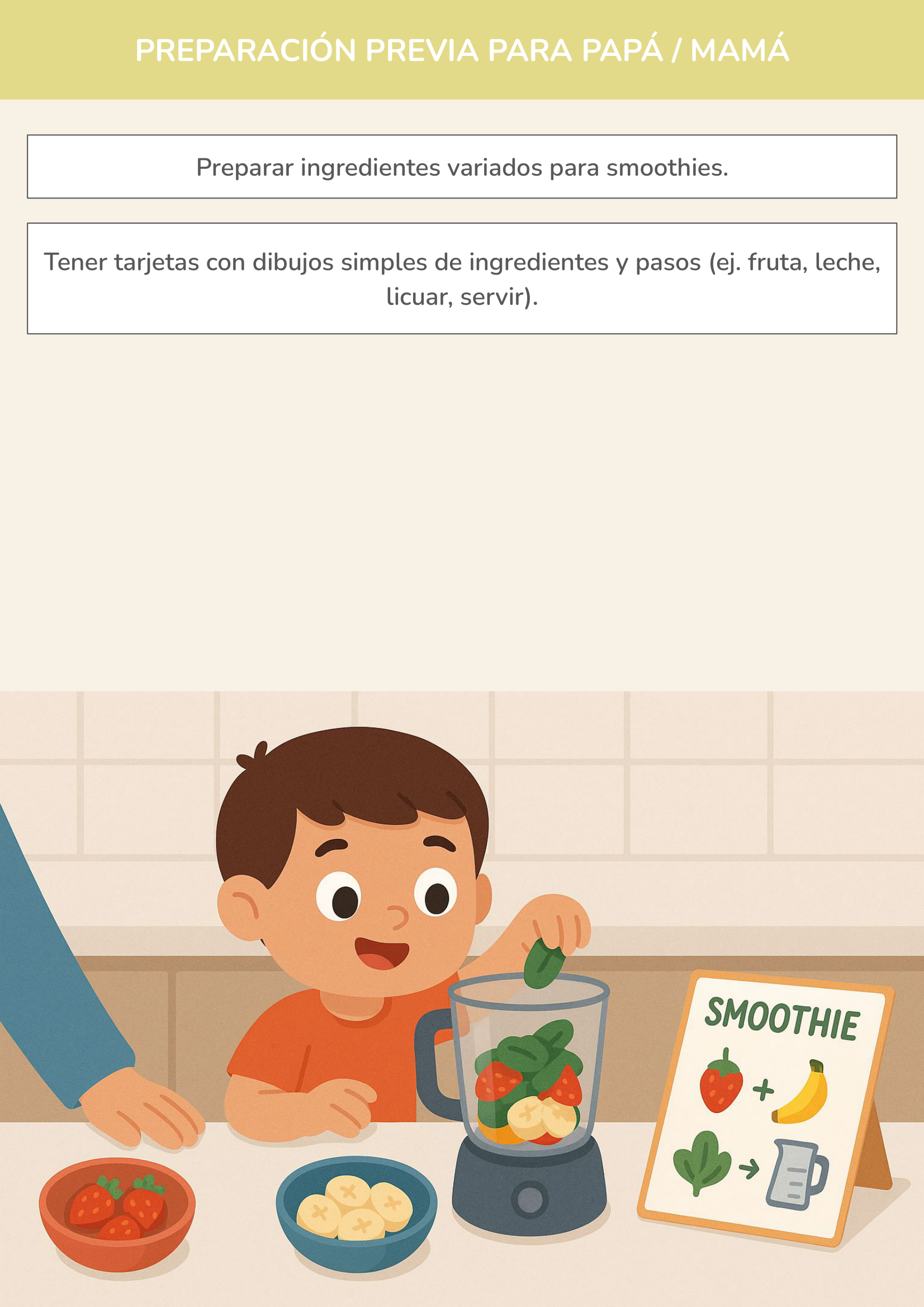 Niño usando torre de aprendizaje mientras realiza la actividad mi recetario de smoothies saludables en la cocina.