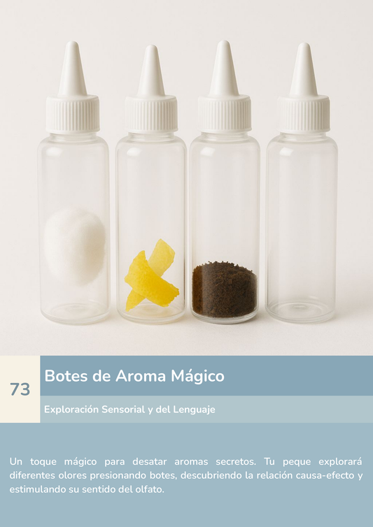 Niño usando torre de aprendizaje mientras realiza la actividad botes de aroma mágico en la cocina.