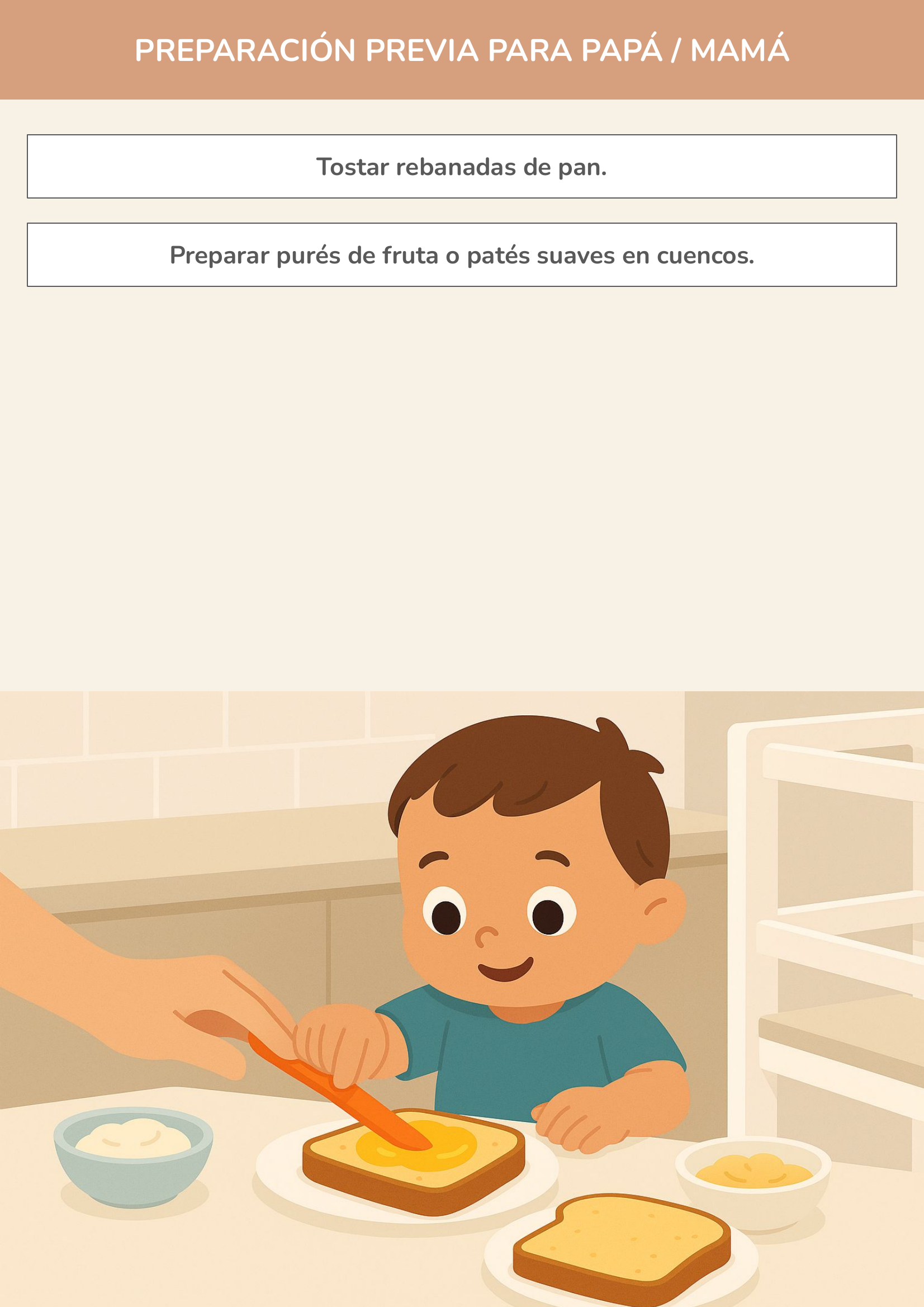 Niño usando torre de aprendizaje mientras realiza la actividad desayuno sorpresa de tostadas en la cocina.