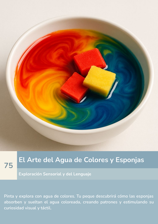 Torre de aprendizaje Montessori, actividad el arte del agua de colores y esponjas.