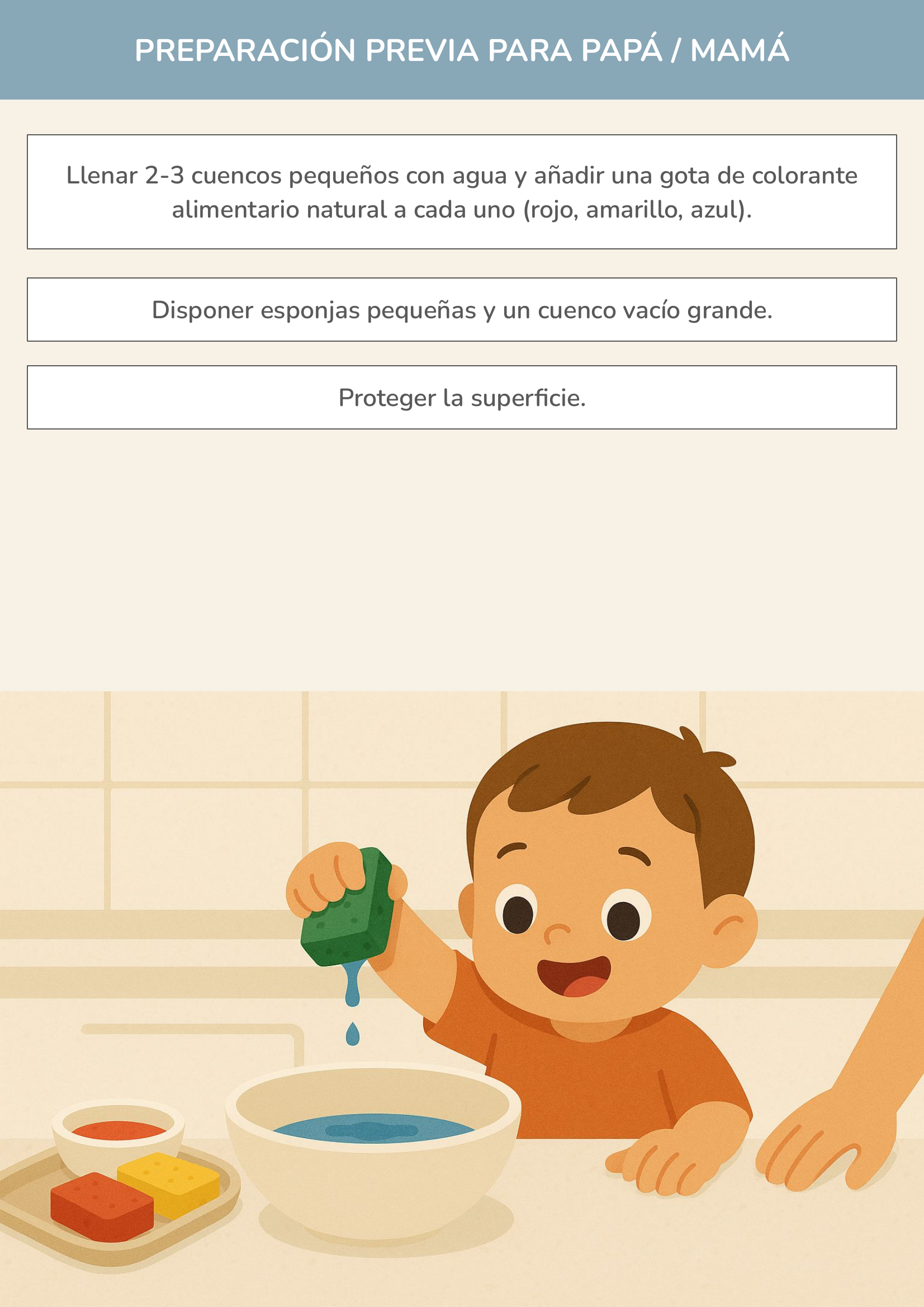 Niño usando torre de aprendizaje mientras realiza la actividad el arte del agua de colores y esponjas en la cocina.