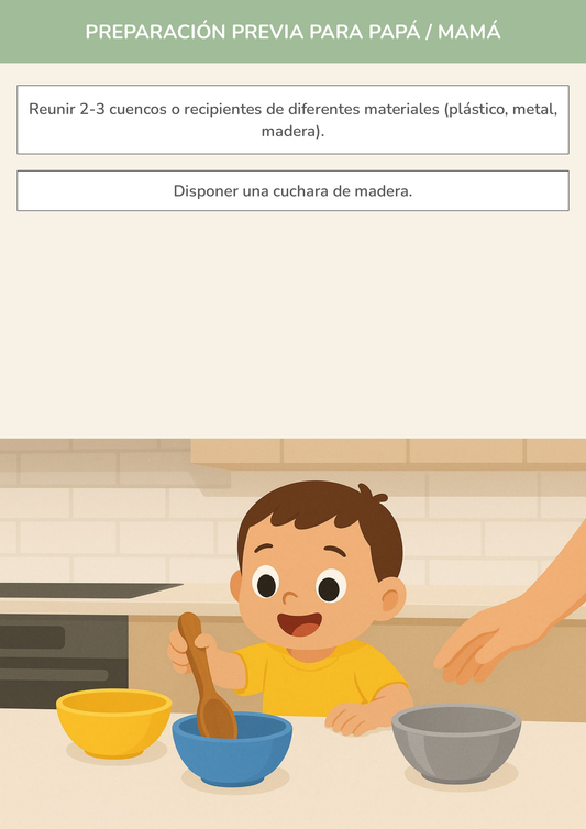 Niño usando torre de aprendizaje mientras realiza la actividad el cuento de la cuchara viajera en la cocina.