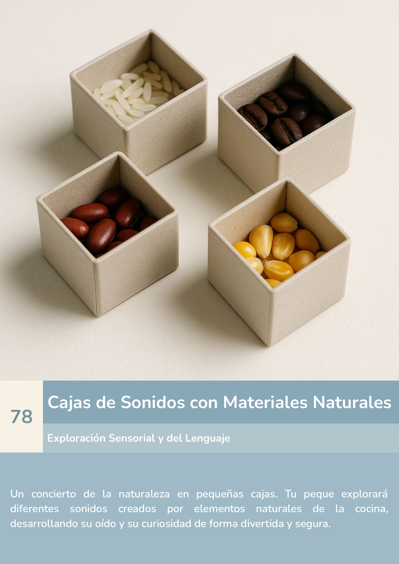 Torre de aprendizaje Montessori, actividad cajas de sonidos con materiales naturales.