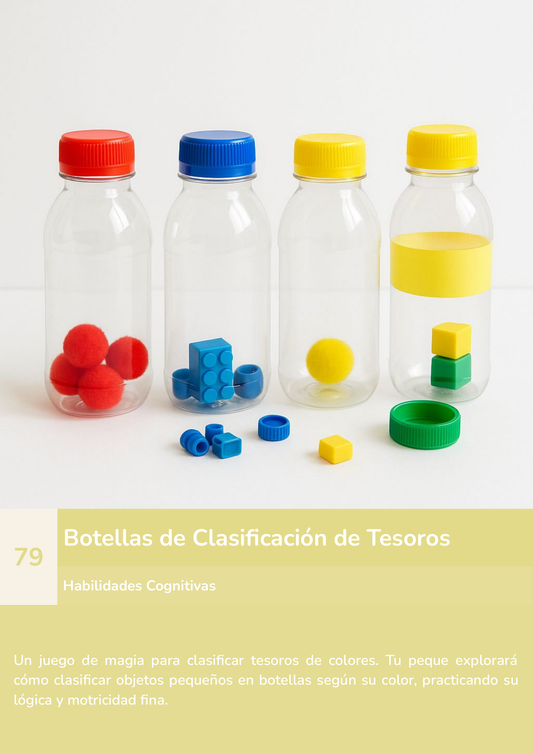 Torre de aprendizaje Montessori, actividad botellas de clasificación de tesoros.