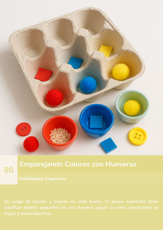 Torre de aprendizaje Montessori, actividad emparejando colores con hueveras.