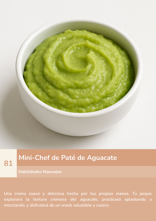Torre de aprendizaje Montessori, actividad mini-chef de paté de aguacate.