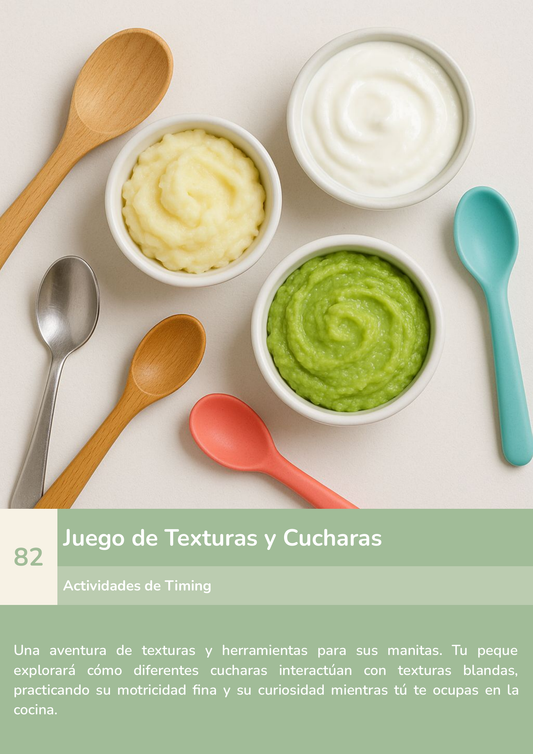 Torre de aprendizaje Montessori, actividad juego de texturas y cucharas.