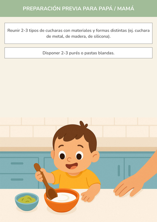 Niño usando torre de aprendizaje mientras realiza la actividad juego de texturas y cucharas en la cocina.
