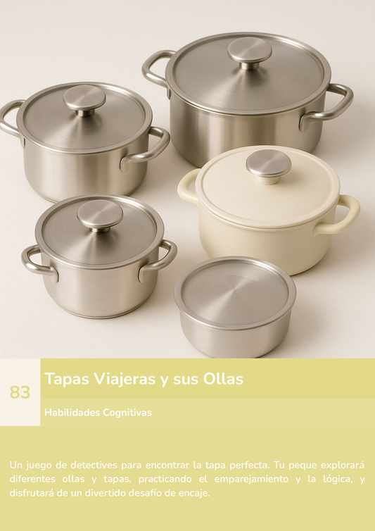 Torre de aprendizaje Montessori, actividad tapas viajeras y sus ollas.