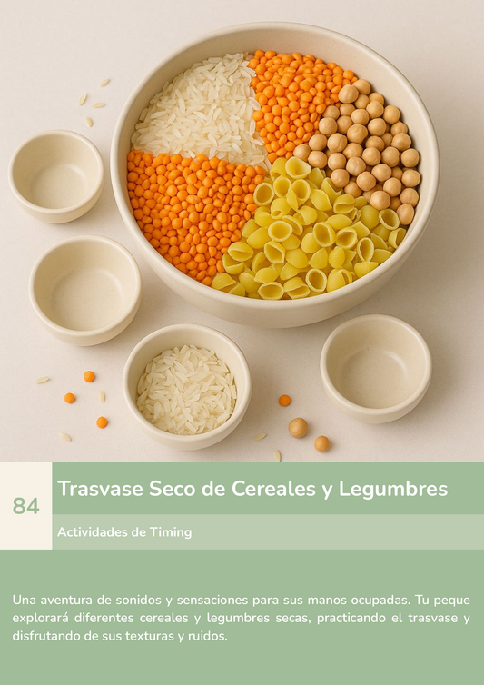 Torre de aprendizaje Montessori, actividad trasvase seco de cereales y legumbres.
