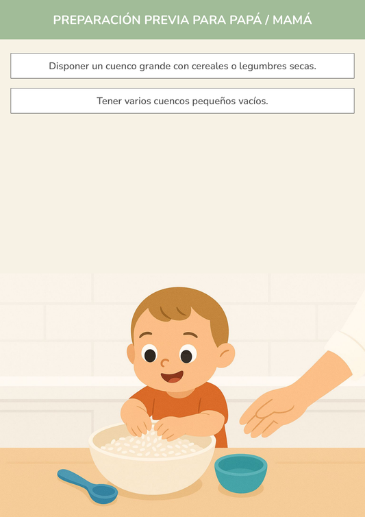 Niño usando torre de aprendizaje mientras realiza la actividad trasvase seco de cereales y legumbres en la cocina.