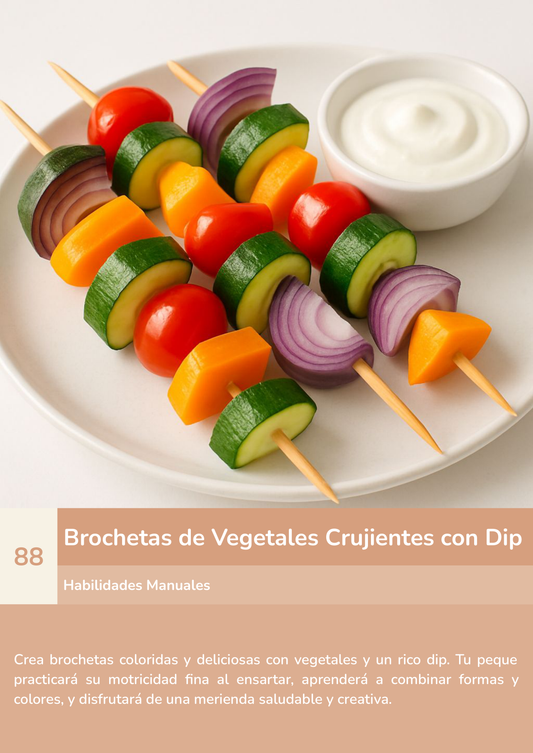 Torre de aprendizaje Montessori, actividad brochetas de vegetales crujientes con dip.