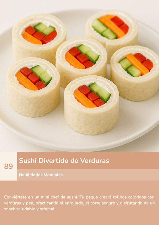 Torre de aprendizaje Montessori, actividad sushi divertido de verduras.