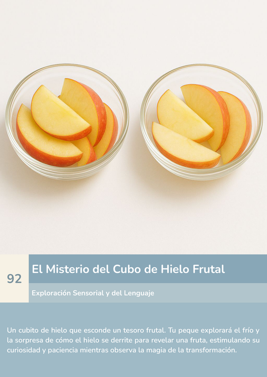 Torre de aprendizaje Montessori, actividad el misterio de la fruta fría y templada.