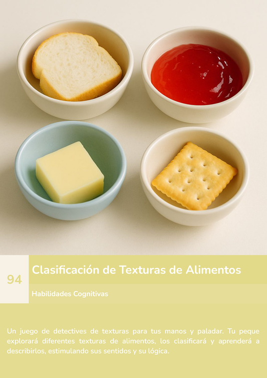 Torre de aprendizaje Montessori, actividad clasificación de texturas de alimentos.