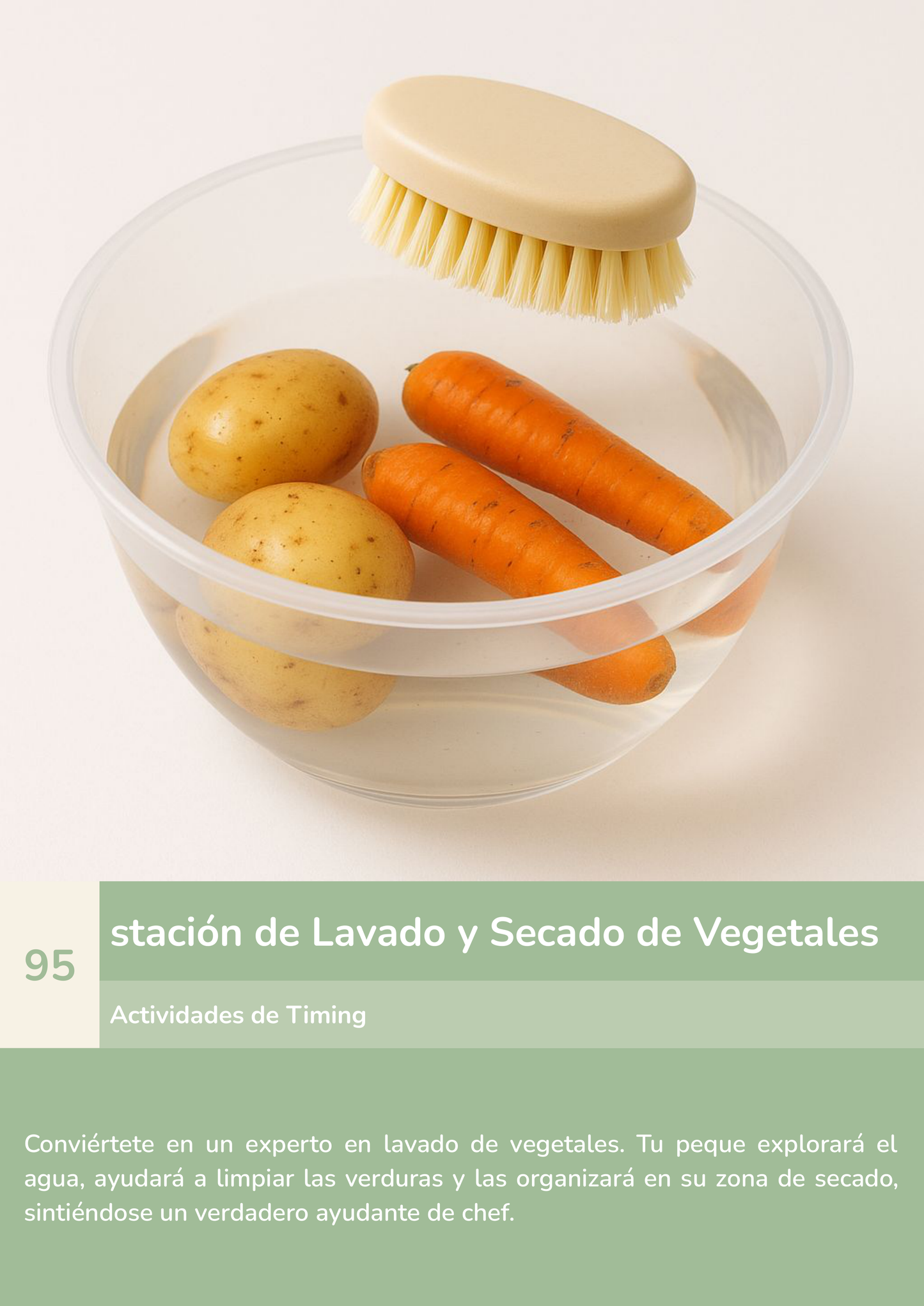 Torre de aprendizaje Montessori, actividad estación de lavado y secado de vegetales.