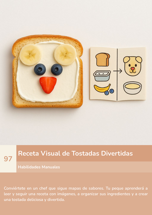 Torre de aprendizaje Montessori, actividad receta visual de tostadas divertidas.
