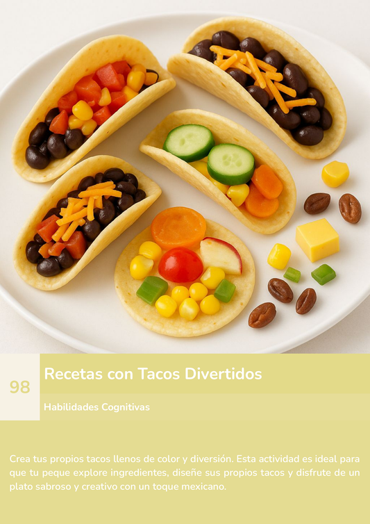 Torre de aprendizaje Montessori, actividad recetas con tacos divertidos.