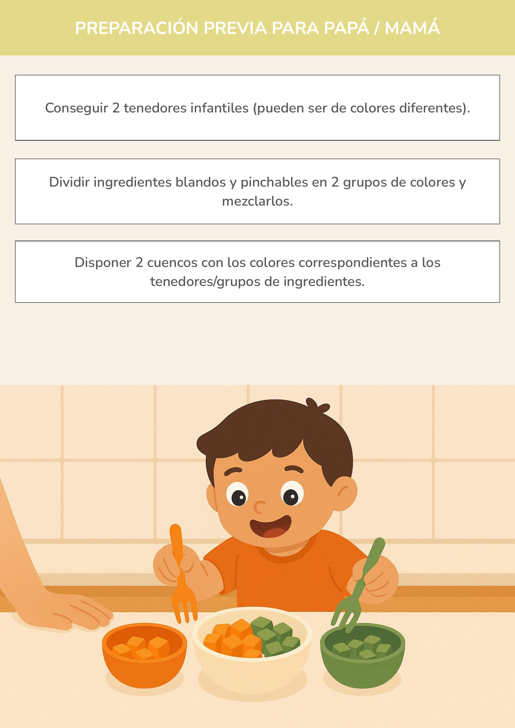 Niño usando torre de aprendizaje mientras realiza la actividad duelo de tenedores: clasificación de colores en la cocina.